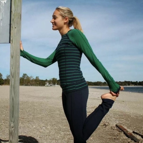 Lululemon Slalom Stripe Inkwell Green Long Sleeve Full Tilt Shirt Top - Picture 3 of 15